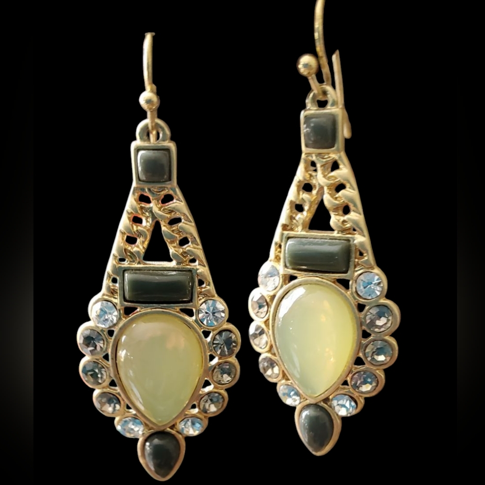 Lia Sophia Gold and Green Teardrop Earrings With Rhinestones.